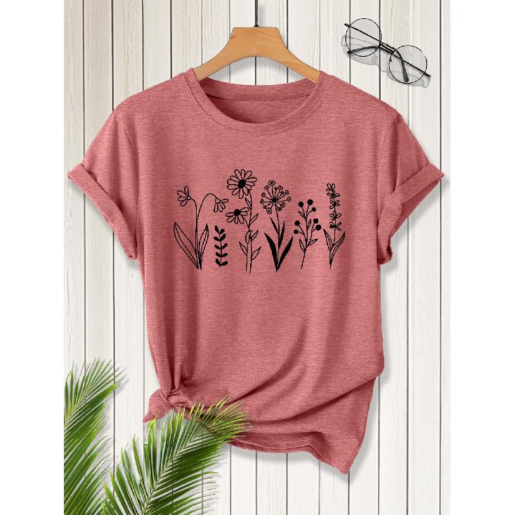2026New SpringSummer Women's Round Neck Minimalist Line Drawing Floral Print Short Sleeve T Shirt Vintage distressed casual top Soft Knit Fabric