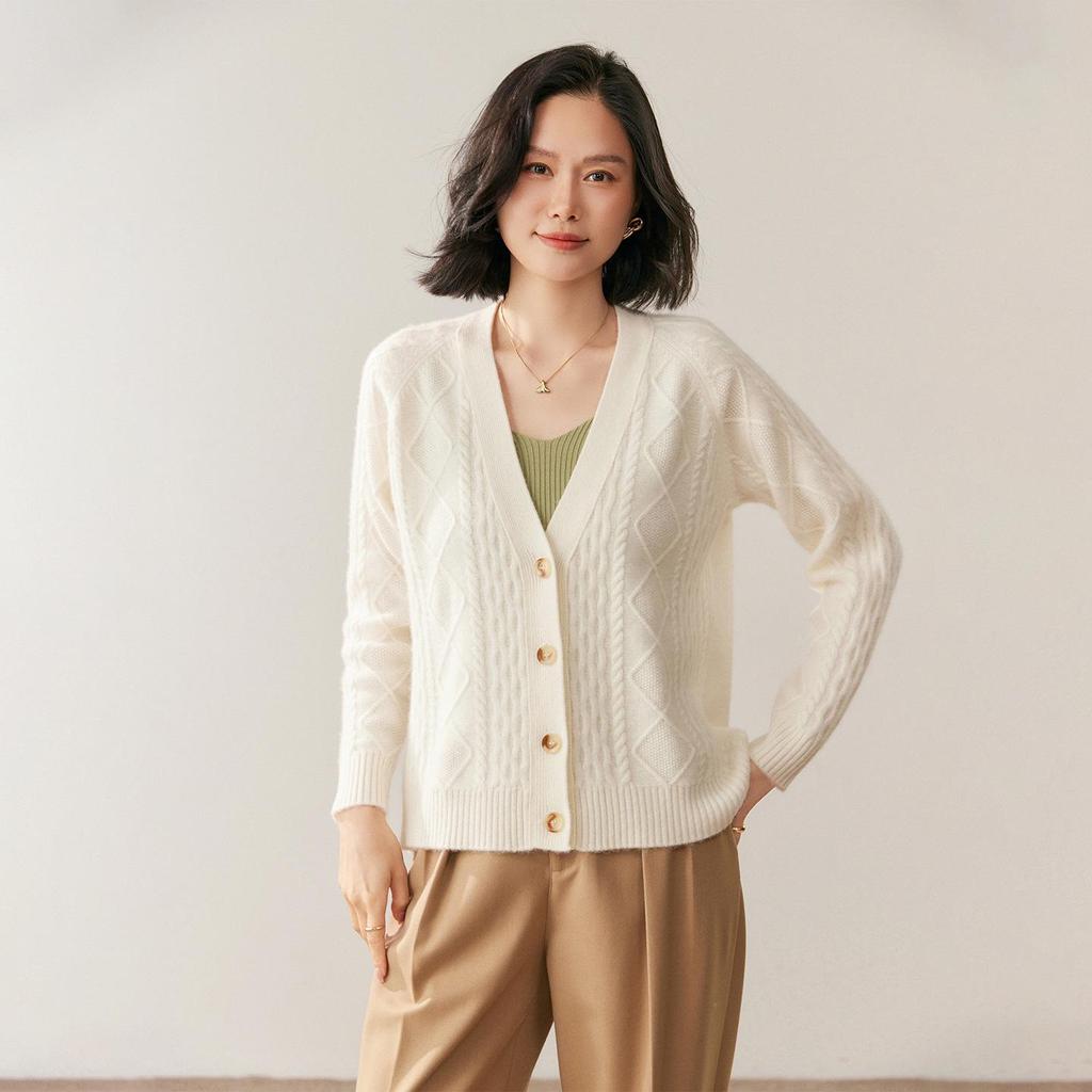 Women's Elegant 30% Cashmere V-Neck Cable Knit Cardigan - Loose Short Winter Sweater