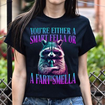 Racoon Meme T-Shirt Smart Fella or a Fart Smella Humorous Gift Unisex Tee Black