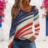 Women Plus Size Beige Red Navy Star Stripe Printed Asymmetric Cutout Cold Shoulder Long Sleeve Fitted Top