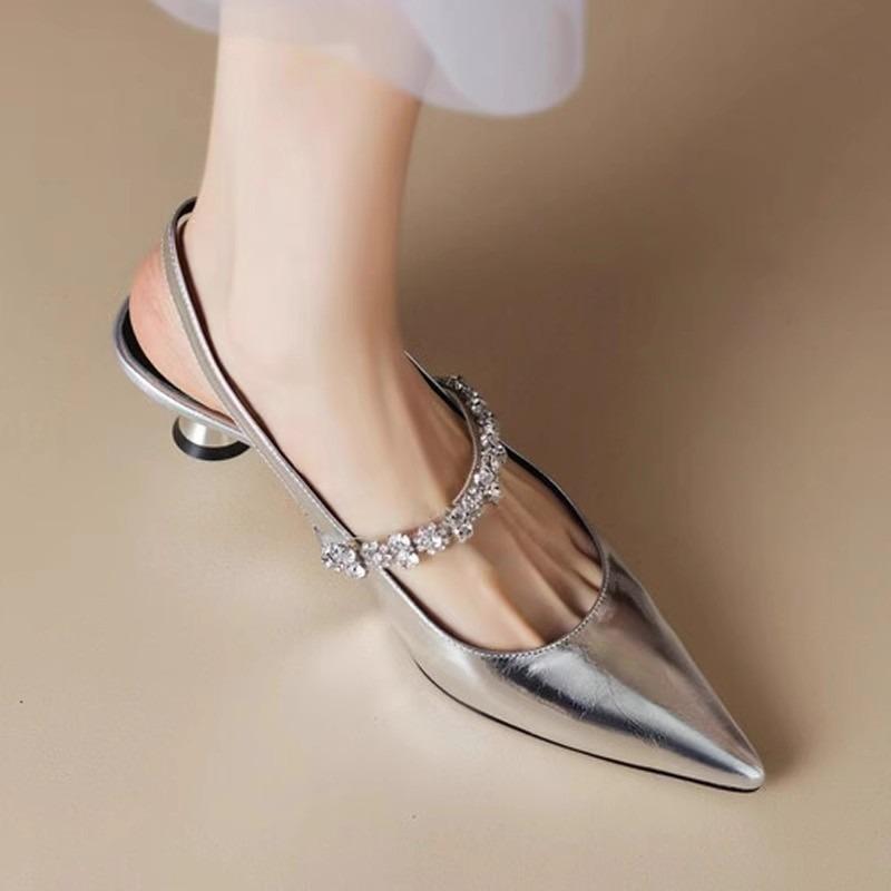 Fashion Silver French Rhinestone Pointed Toe Back Empty Mary Jane Small Leather Shoes Women's Small Heel Baotou Sandals 2025 Summer New