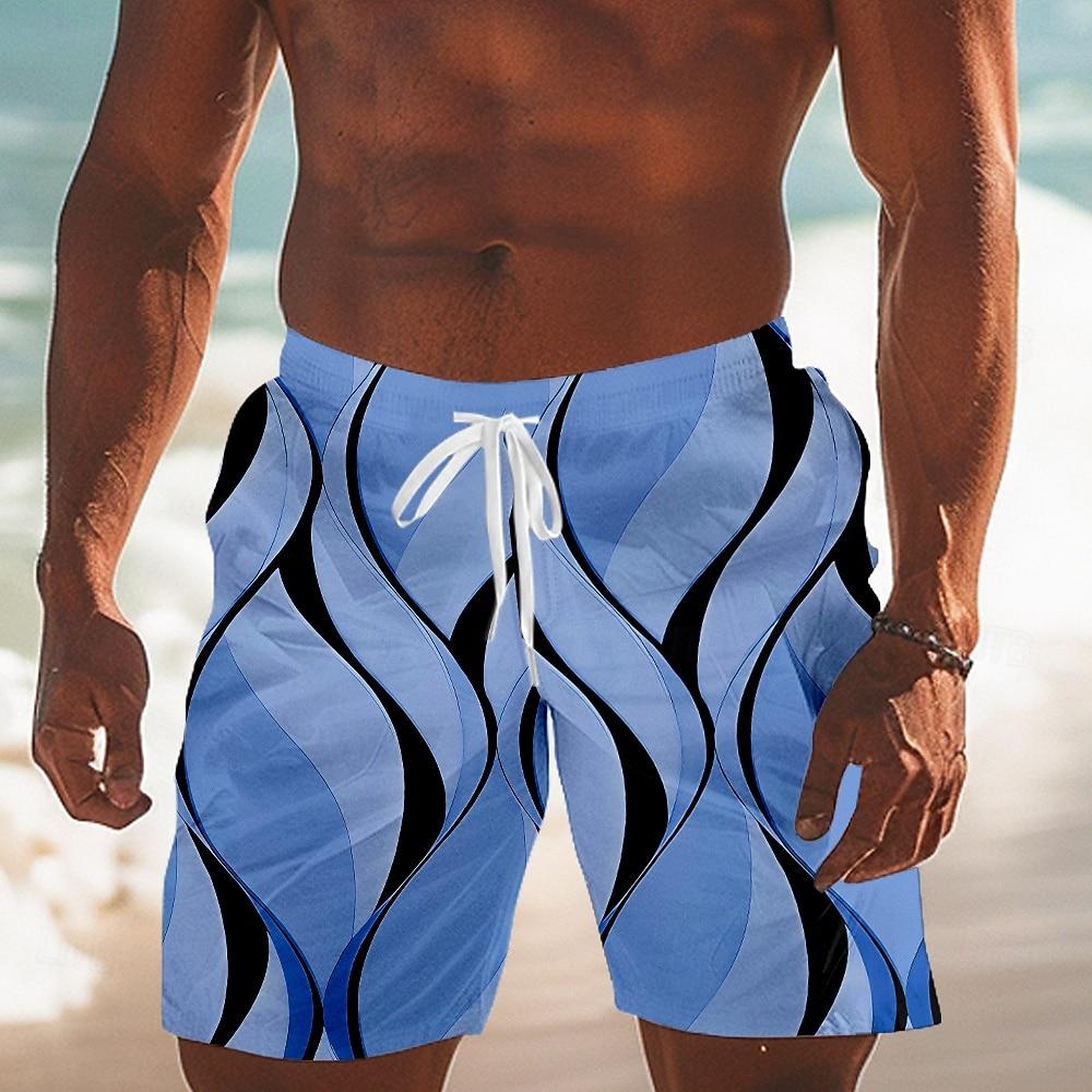 Men s Geometric Line Swim Trunks Swim Shorts Board Shorts Mid Waist Streetwear Hawaiian Vacation Drawstring Mesh Lining Elastic Waist S