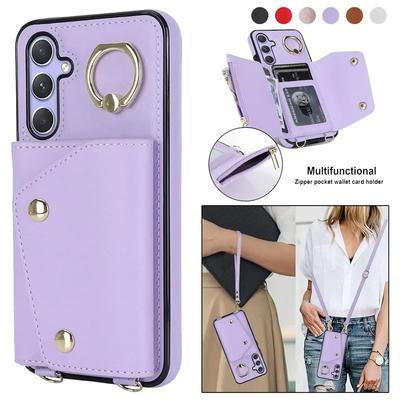 Crossbody Ring Leder Reißverschluss Geldbörse Handyhülle für Samsung Galaxy S26 Ultra S25 FE S24 Plus S23 S22 S21 Note 20 Lanyard Hülle Tasche