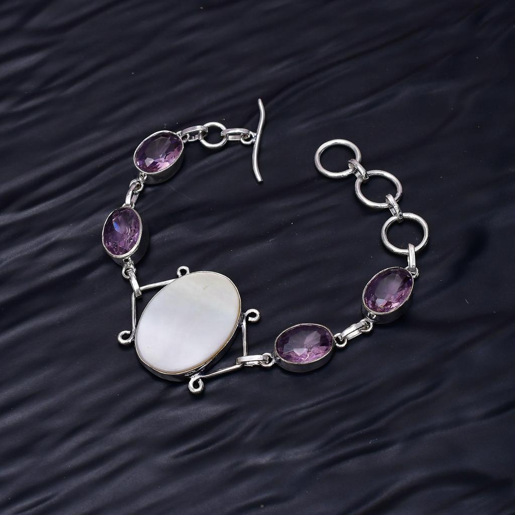 Mother of Pearl Gemstone : 925 Sterling Silver Handmade Multi Gemstone Bracelet Jewelry
