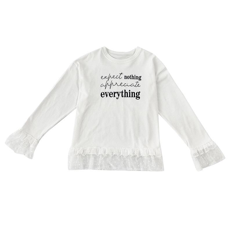 Plus Size Girls' White Lace Long Sleeve T-shirt for Spring & Autumn