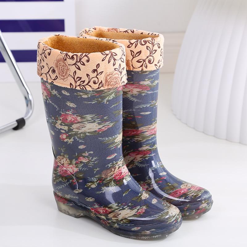 Medium tube fashion rain shoes women's non-slip velvet warm kitchen rain boots soft water shoes women's adult work rubber shoes overshoes
