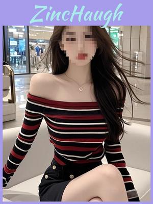 Tshirt Oversize Oneword Collar Long Sleeve With Embroidery For Spring Style