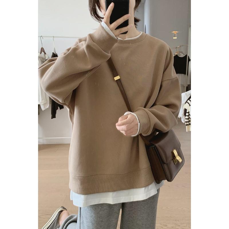 Autumn and Winter Sweatshirts for Women in New Loose Slimming Simple Fake Two-piece Long-sleeved Tops