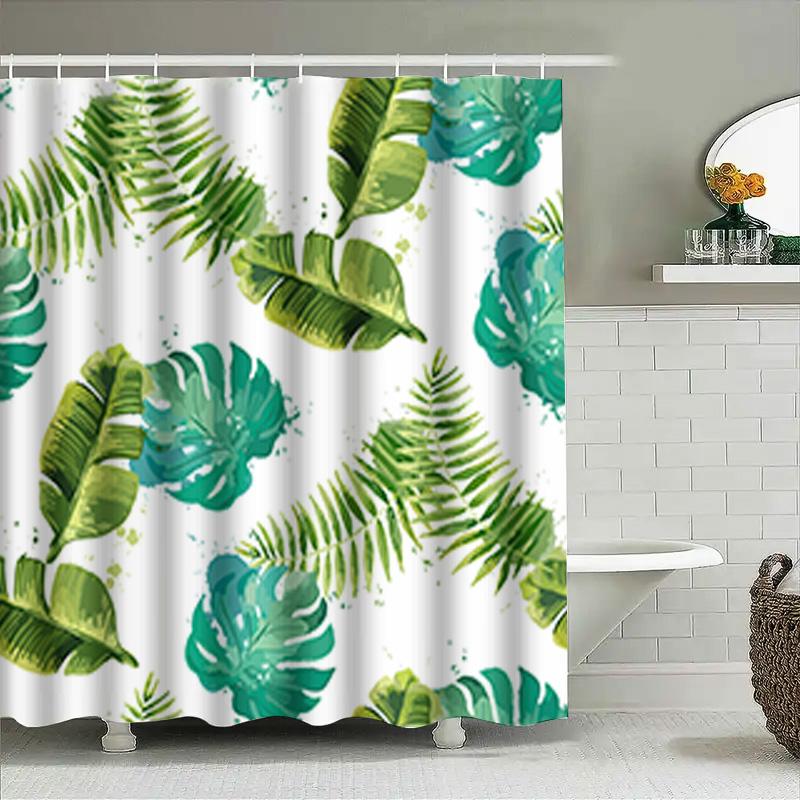 Vibrant Greenery Shower Curtain Waterproof Fabric For Bathroom Decor Tropical Leaves Print In Blue White Colors Size 180X240Cm