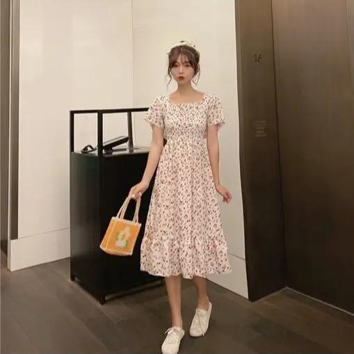 New Spring Summer Dress Women Mini Dresses Female Short Sleeve Elastic Bust Printed Floral Pleated Backless Casual Dress