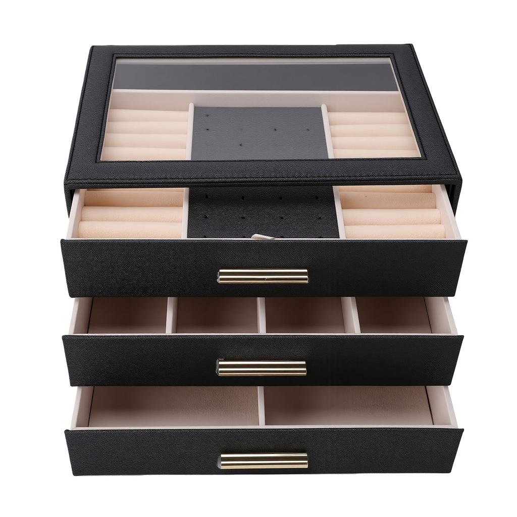 3 Layer Jewelry Box PU Leather Velvet Lining Jewelry Organizer Box with Clear Top Window for Ring Necklace Earring