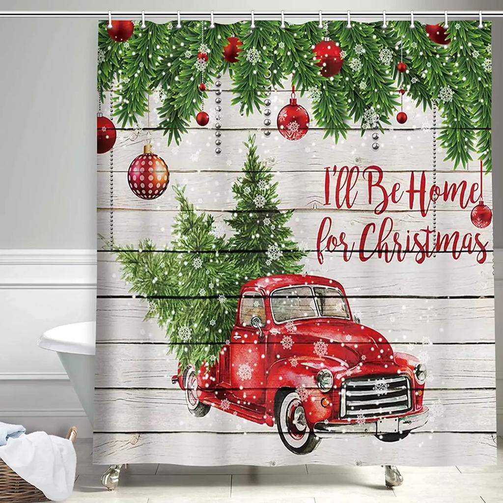 GAEChristmas Shower Curtain Vintage Red Truck Barn Holiday Trees with Snow Polyester Fabric Bath Curtains with Hooks For Bathr