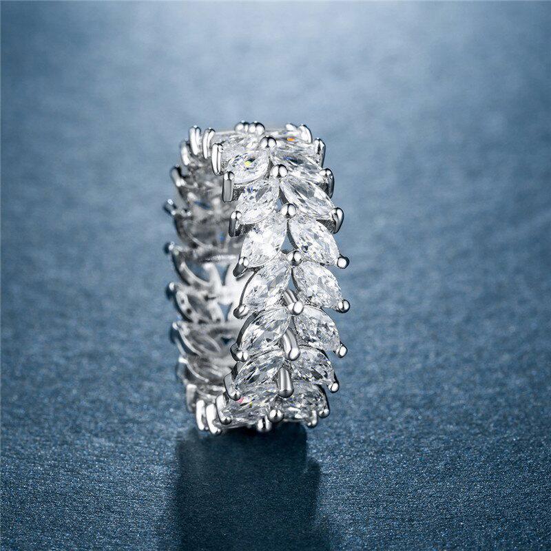 Silver Plated Marquise CZ Eternity Band Ring, Leaf-Shaped Full Pave Stackable Ring for Women no. 6