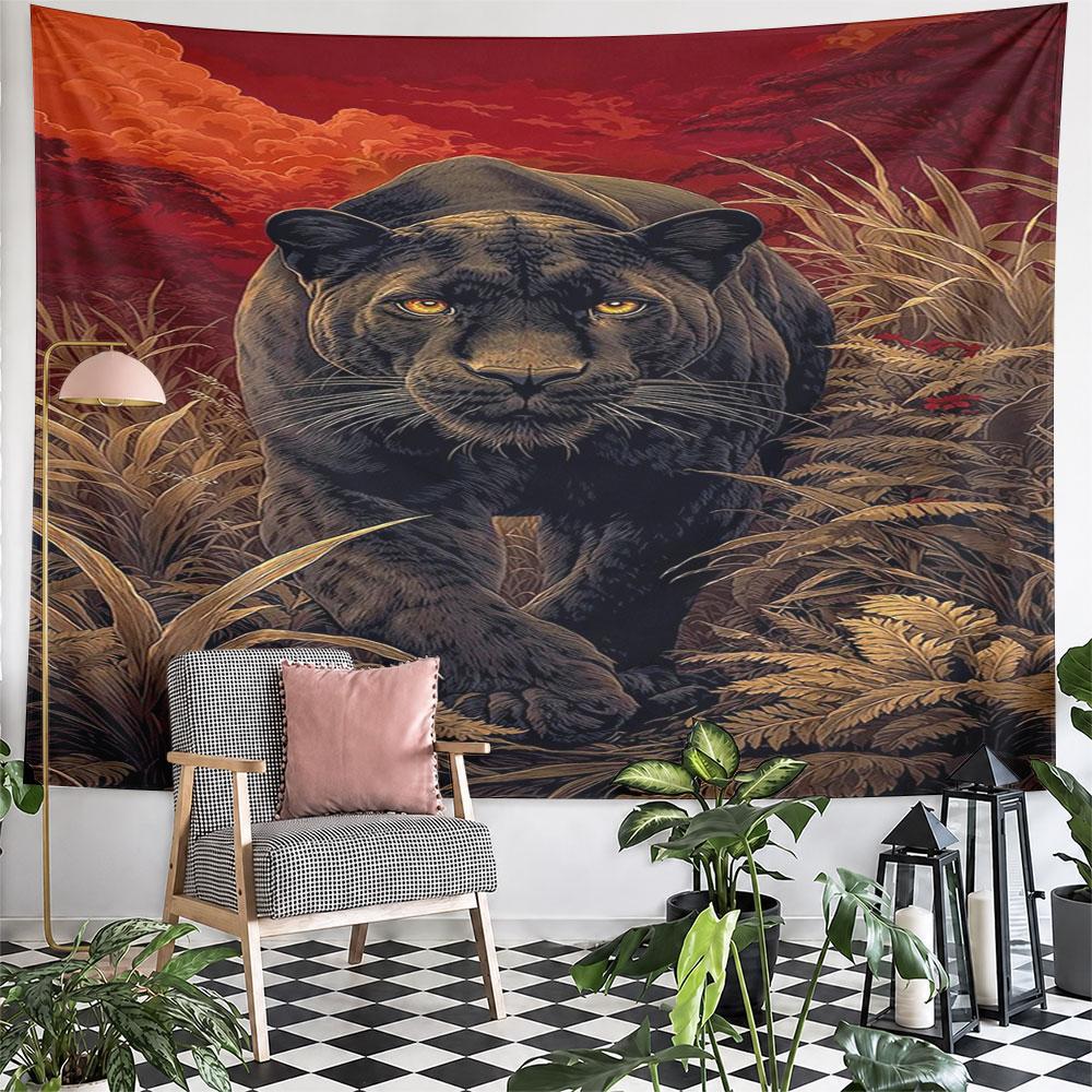 Majestic Black Panther in Fiery Jungle Pattern Wall Hanging Tapestry Decorative Tapestry Home Decor for Bedroom and Living Room