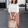 ZANZEA Women Round Neck 3/4 Sleeve Loose Patchwork Summer Dress