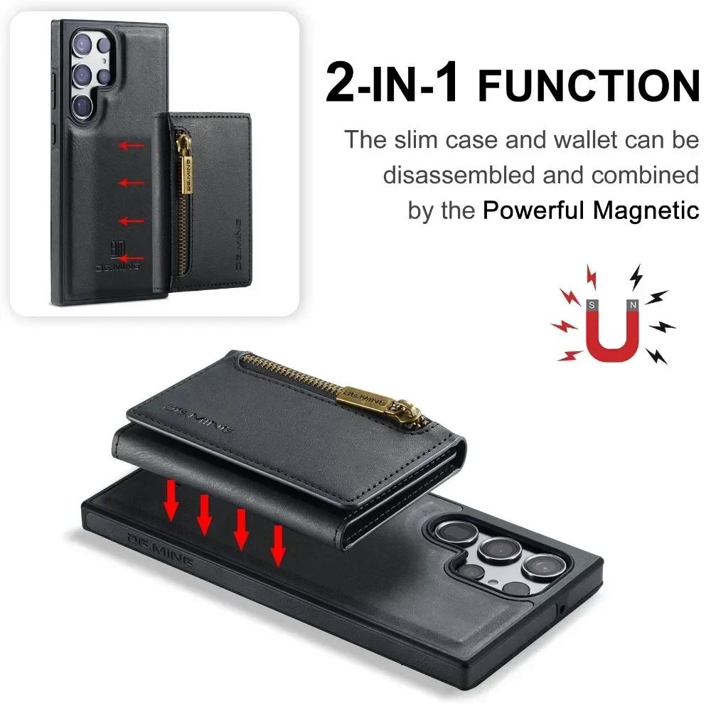 2 In 1 Detachable Magnetic Leather Wallet Phone Case For Samsung Galaxy S23 FE S24 S22 Plus S21 Ultra Zipper Card Holder Cover