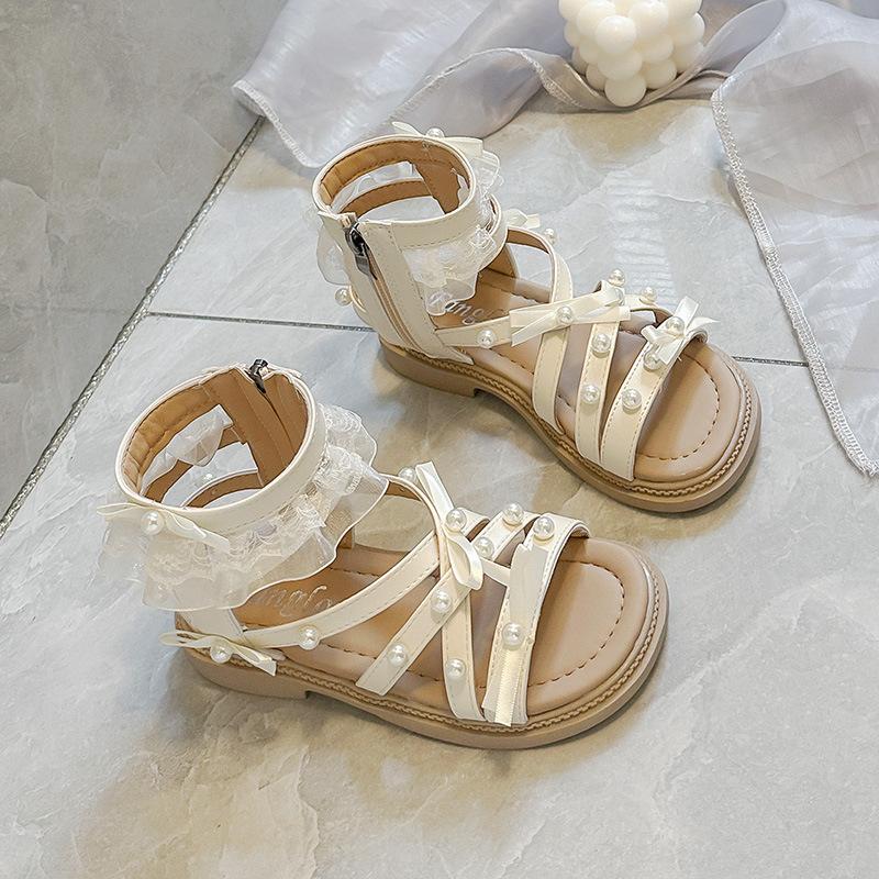 

Summer Girls Roman Sandals Lace Pearl Bow Decor Princess Shoes for Middle Big Kids 36 бежевий