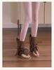 Vintage Round Head Versatile Fringed Heel Open-toed Cool Boots Niche Western Boots Strap Herringbone Toe Roman Sandals Women