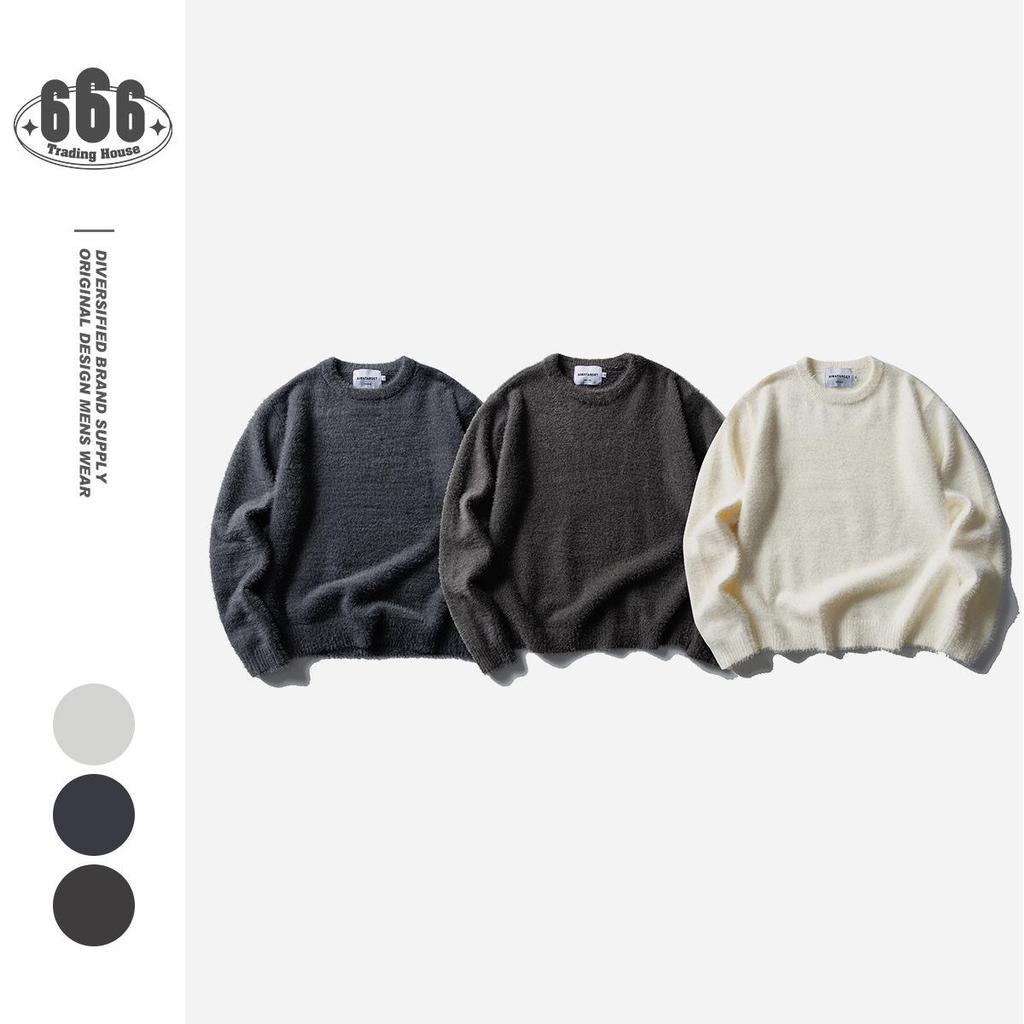 AIMATARGET Unisex Retro Zimní svetr z umělé norkové kožešiny, Pletený top s kulatým výstřihem