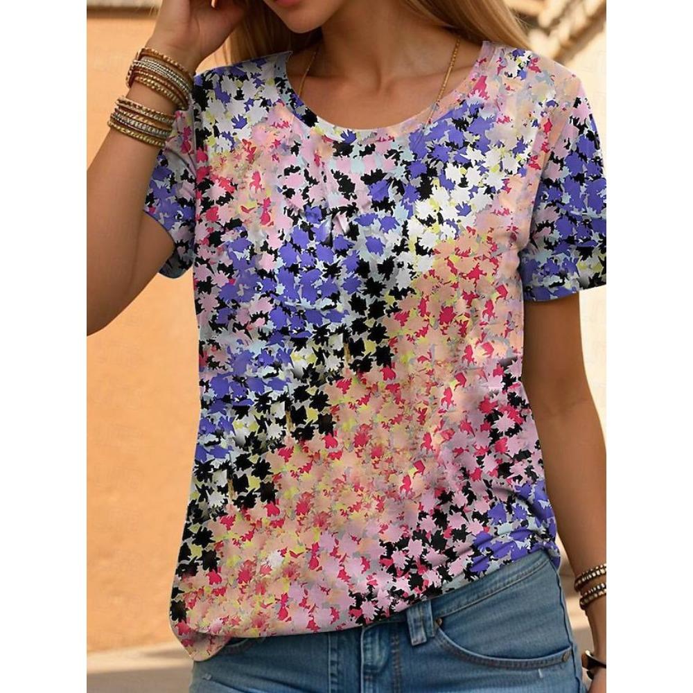 Camiseta de Verano para Mujer con Estampado 3D Cuello Redondo Moda Versátil Transpirable Tendencia Casual
