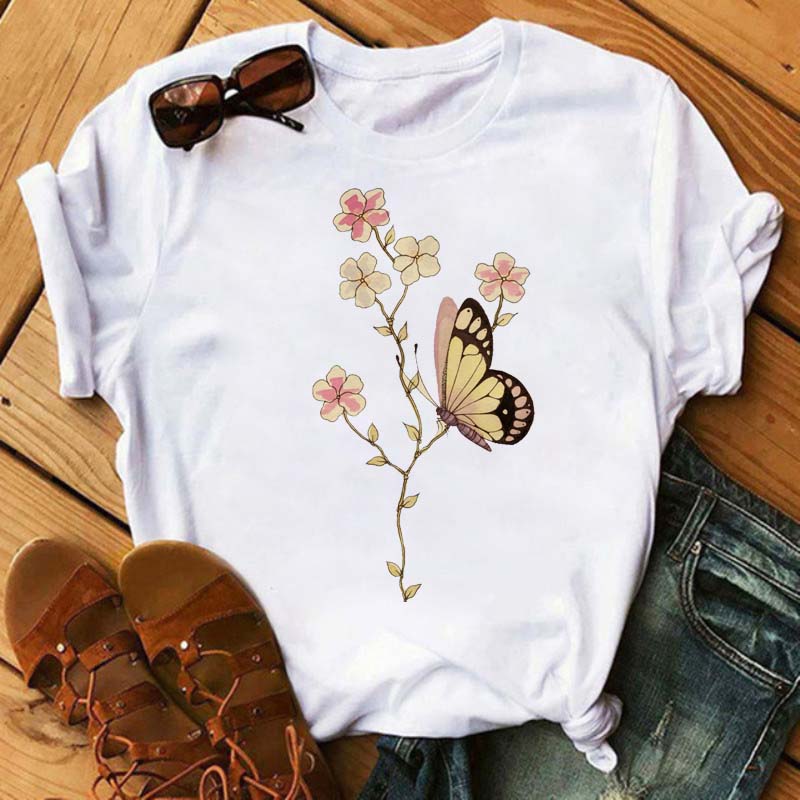 Women Flower Butterfly Fashion Print T Shirt Casual Short Sleeve Ladies T Tee Female Top Shirt Clothes Womens Graphic T-shirt