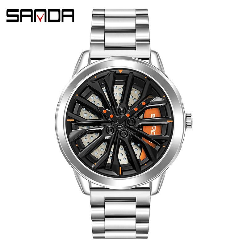 SANDA New Cool Wheel Ceas Fashion Business Ceas Bărbați Personalitate Hollow Plate Ceas de cuarț cu bandă de oțel impermeabilă