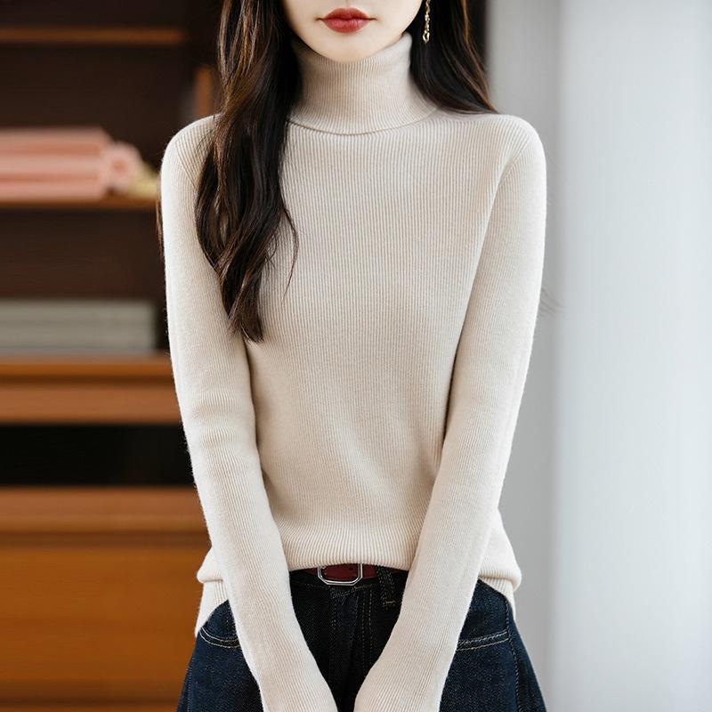 

Новый весенний стиль приталенного вязаного свитера, мягкий и высокоэластичный свитер, пуловер с высоким воротником для женщин и базовый слой M бежевый