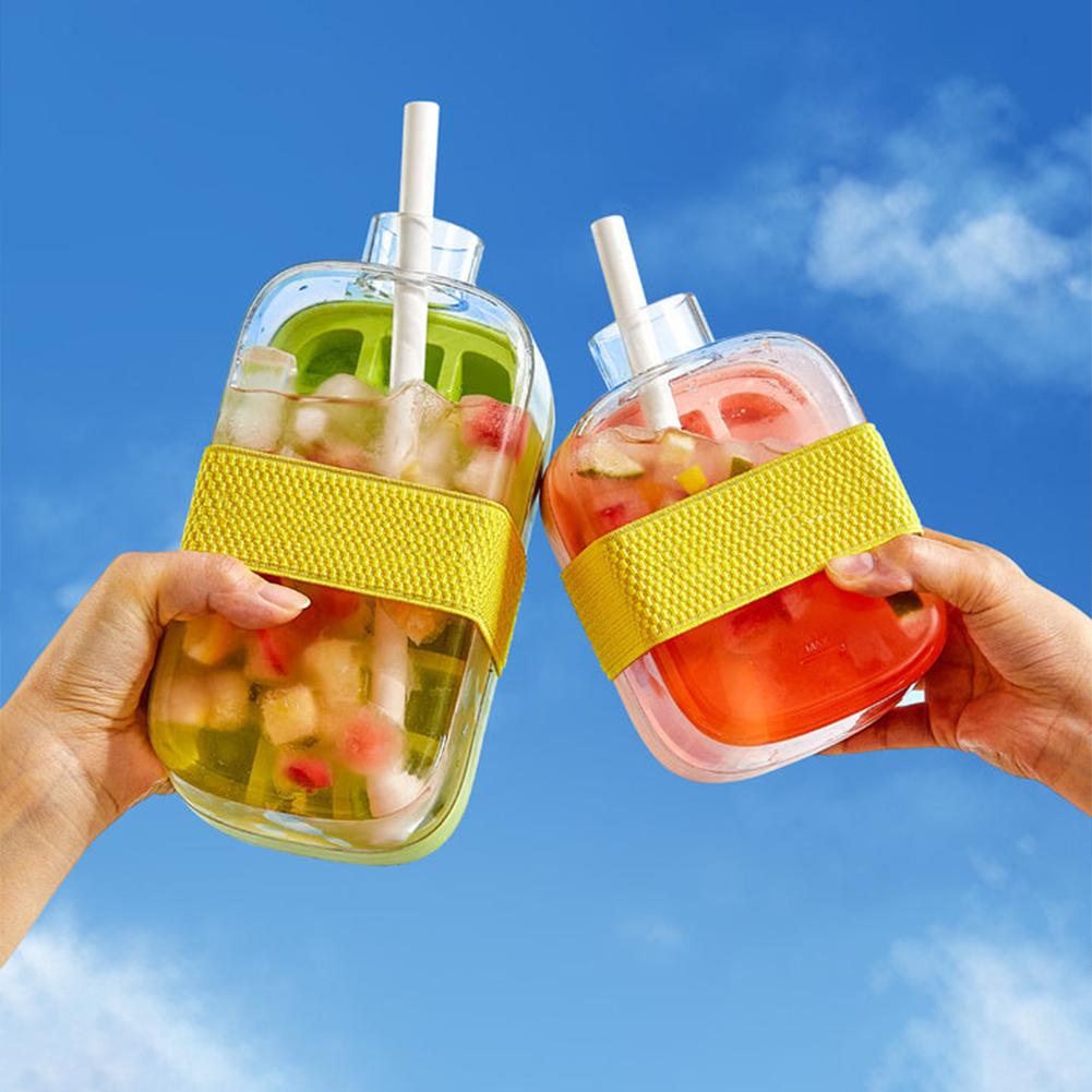 Ice Cube Bottle with Straw 2-in-1 Water Bottle with Strap Ice Cube Mold Portable Ice Cube Making Bottle for Outdoor Travel