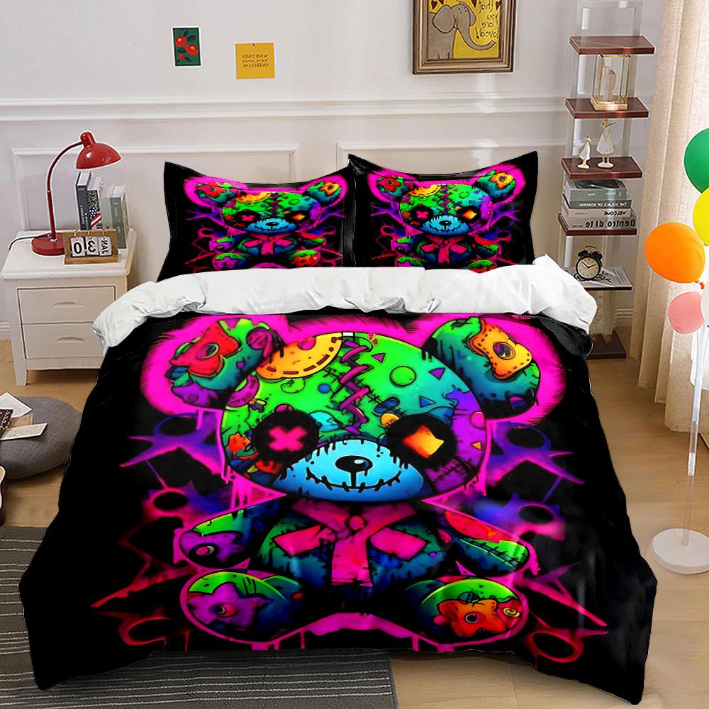 Vibrant Graffiti Teddy Bear Bedding Duvet Cover Set (1*Duvet Cover 2*Pillowcases, Without Duvet Insert)