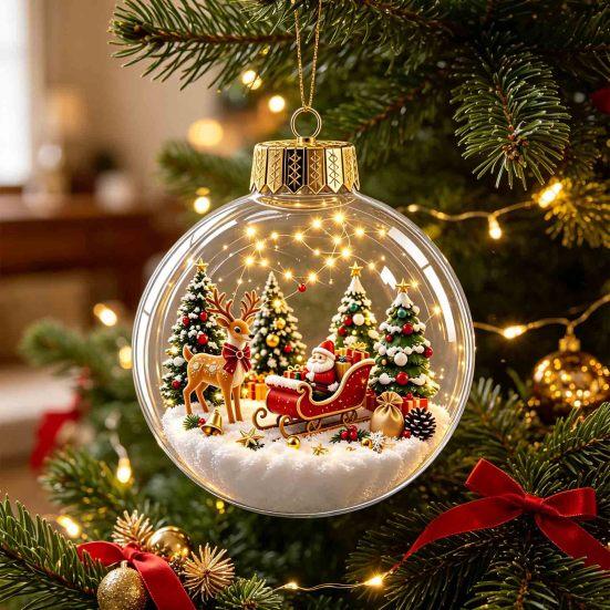 Glowing Tree Decorations Christmas Story Ornament, Mini Holiday Scene In Ball Hanging Decoration, Gift for Friends Light Up Acrylic Clear Pendant Xmas