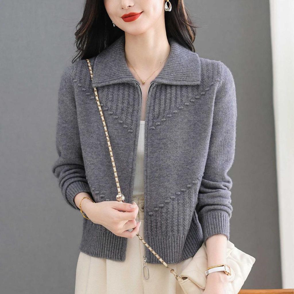 Damen Schlankmachende Mode Revers Reißverschluss Strickjacke Jacke, Kurzer Langarm Pullover Mantel für Herbst/Winter 2025