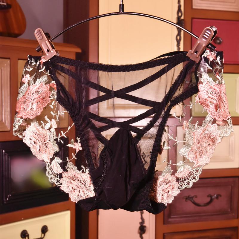 Large Size Sissy Pouch Panties Men Embroidery Lace See Through Briefs Bullet Separation Underpant Feminization Gays Lingerie