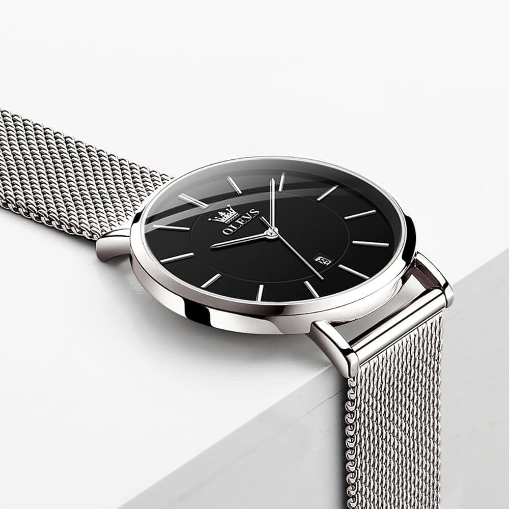 OLEVS Women's Minimalist Casual Watch Leather Band Waterproof Slim Analog Quartz with Date Calendar Silver Black Mesh Strap