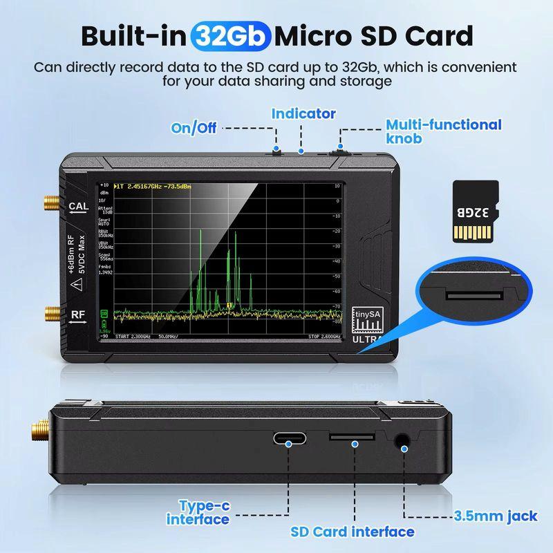 TinySA Ultra - 4 Inch Handheld Spectrum Analyzer 100kHz-5.3GHz RF Signal Generator With 32GB Card Type-C Portable RF Analyzer