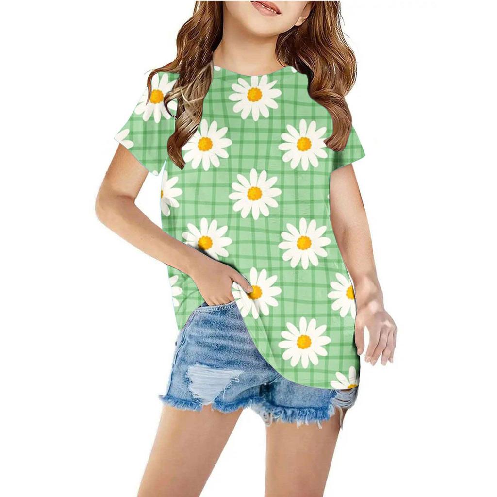 Kids T-shirts Summer Children's Clothing Flower Digital Print Girls' Round Neck Short Sleeved T-shirt