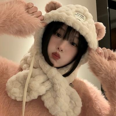 Cute Bear Ears Hat and Scarf All In One Women's Winter Korean Style Plush Thickened Warm Cycling Ear Protection Hat