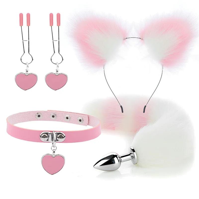 Anal Sex Toys Fox Tail Butt Plug Sexy Plush Cat Ear Headband With Bells Necklace Set Massage Sex Toys For Women Couples Cosplay