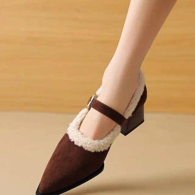 French Retro Single Shoes with Autumn and Winter Pointed Toe and Plush Warm Fur Shoes, Fashionable Thick Heels, Sexy High Heels