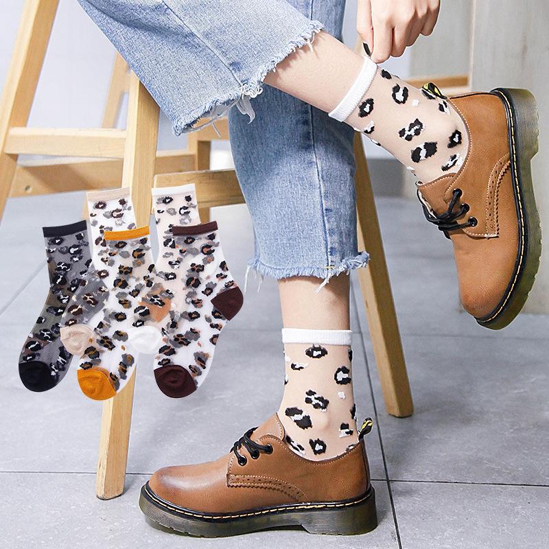 Chaozhu Spring Summer Transparent Crystal Silk Socks Women Sexy Leopard Grain Fashion Casual Breathable Calcetines Mujer