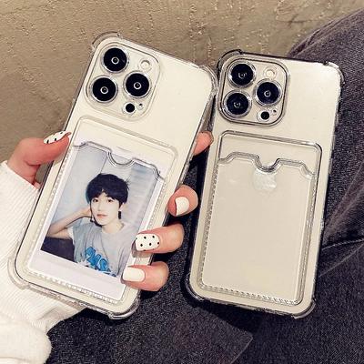 Transparent Card Slot Bag Holder Case For iPhone 15 14 13 12 11 Pro Max Mini X XR XS 7 8 Plus Clear Shockproof Soft Wallet Cover