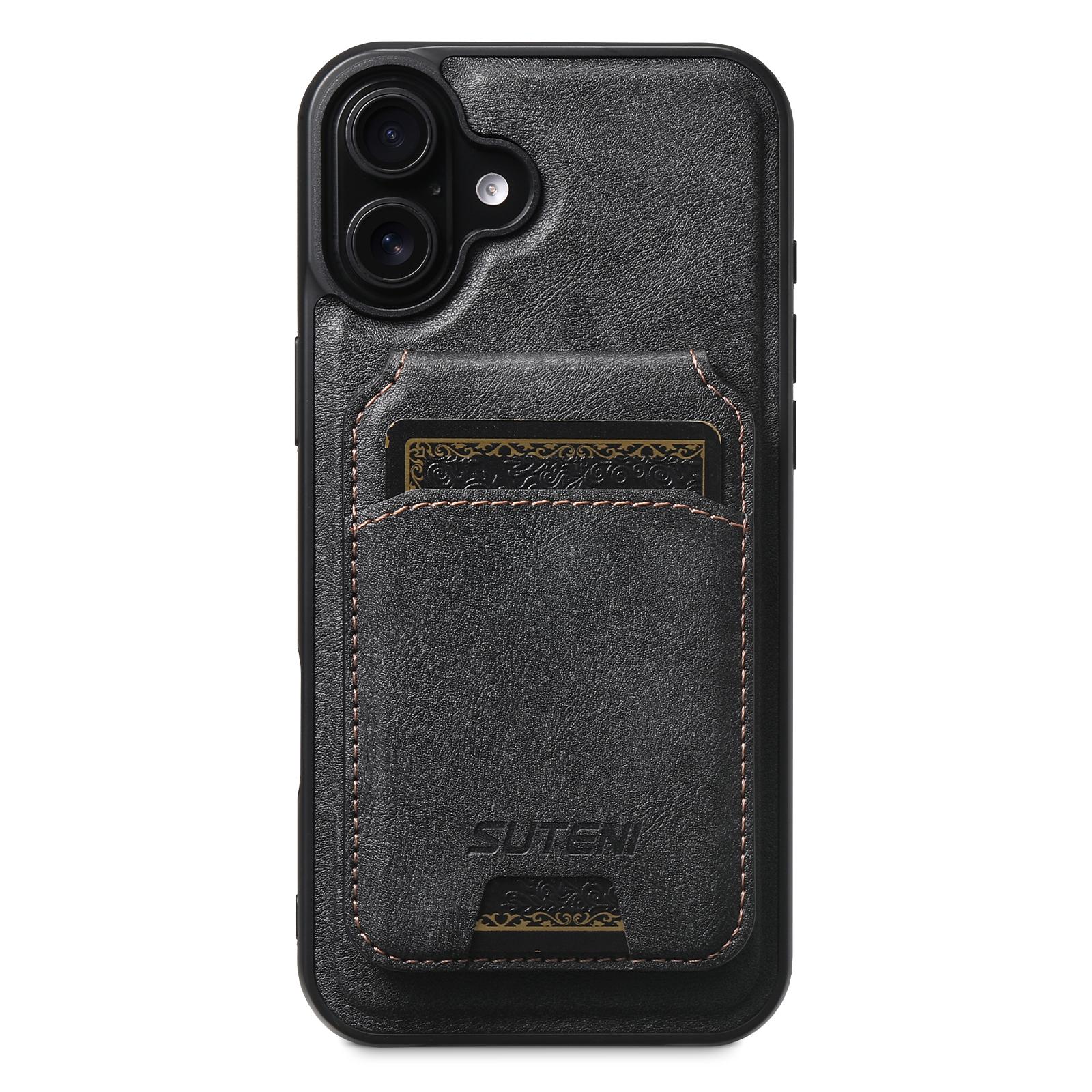 

SUTENI M5 For iPhone 16 Magnetic Case with Card Bag Cowhide Texture Leather Phone Back Cover Black