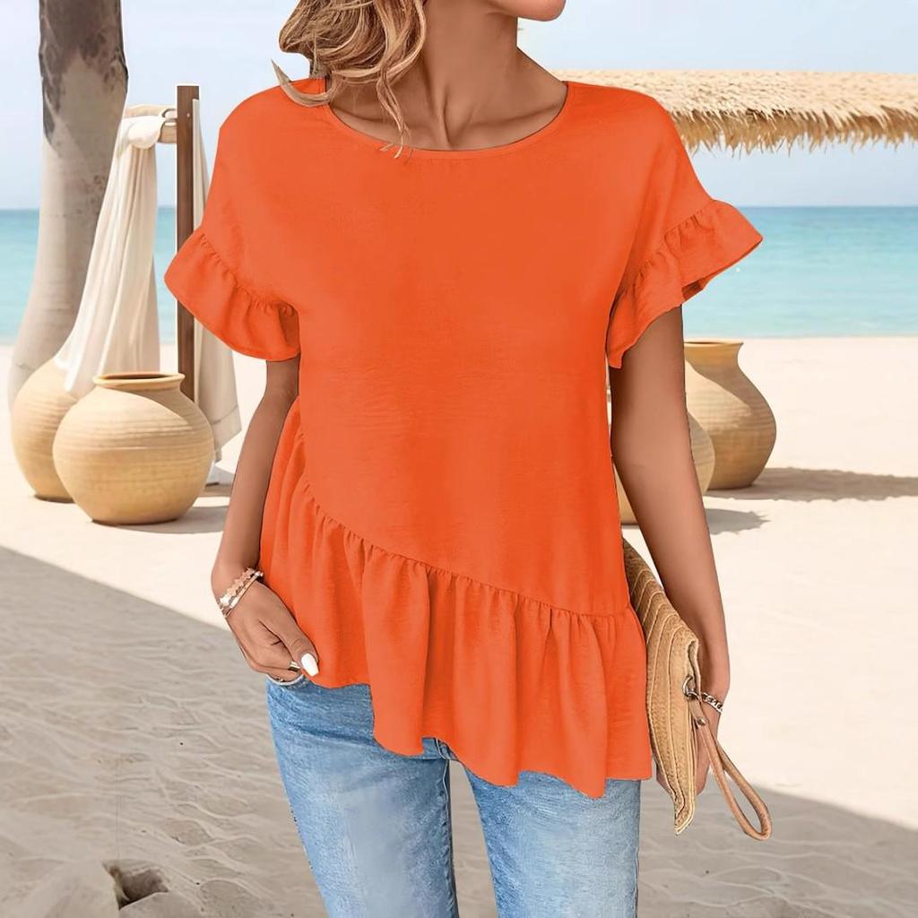 2025 Summer European & American Style Loose Ruffle Sleeve Women's Casual Solid Top