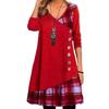 Women's Long Sleeve Button Check Patchwork Dress Ladies V Neck A-Line Casual Night Gown Plus Size Clothing 2026