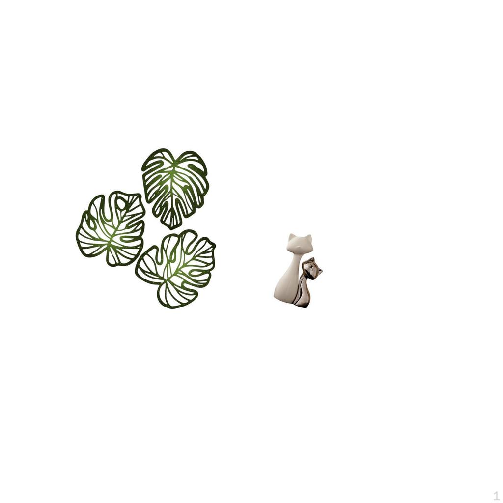 Tropical Palm Leaves Wood Wall Decor with Cat Statue Ceramic Figurine Creative Jungle Ornament for