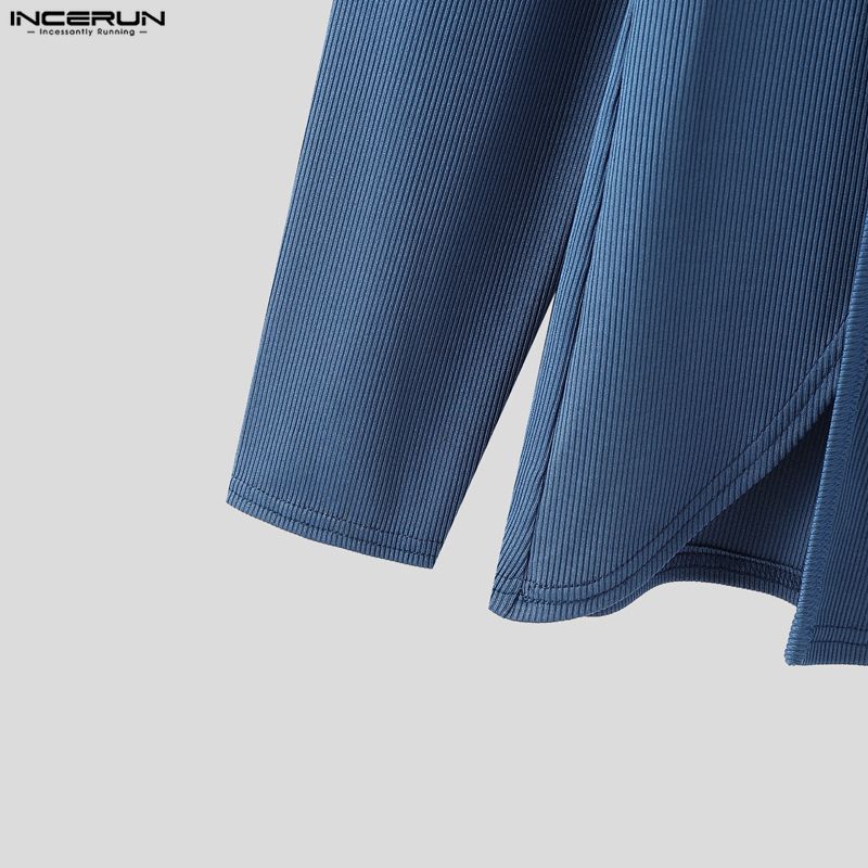 INCERUN Men High Neck Long Sleeve Rib Side Splits Casual Fitted Tops T-shirts Undershirts