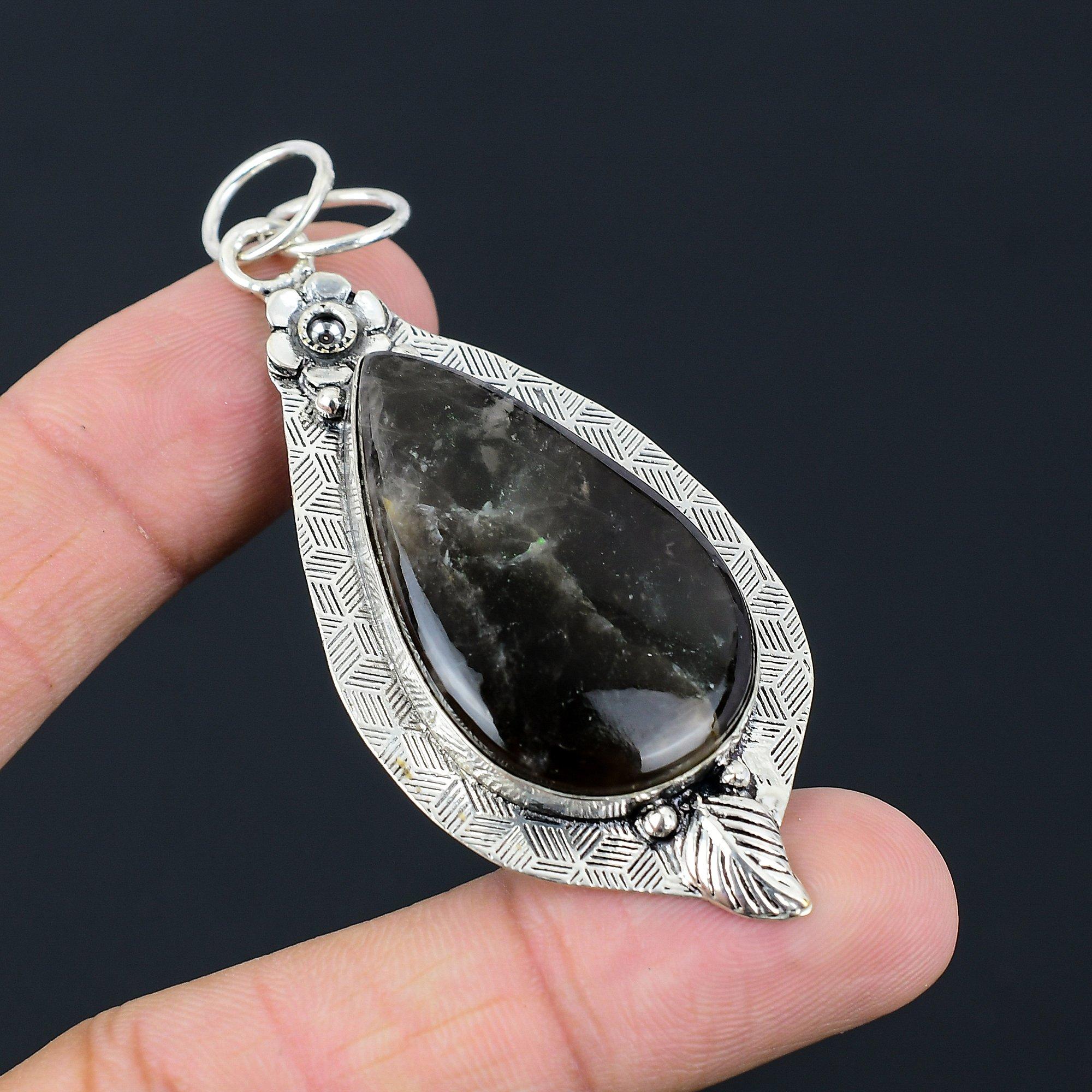 Daughters Day Sale 925 Sterling Silver Pear Fume Agate Gemstone Flower Pendant