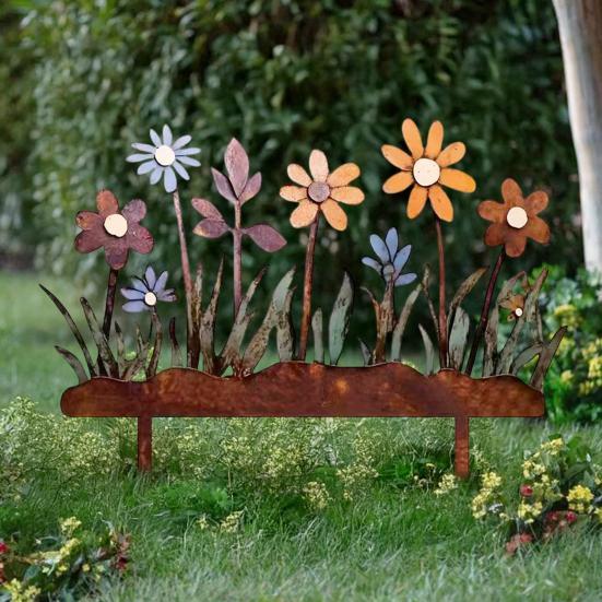 Rostige Blumenbeet-Stange Dekoration Wetterfest Innen Außen Hof Rasen Terrasse Weg Metall Blumen-Silhouette Schild Stange Ornament