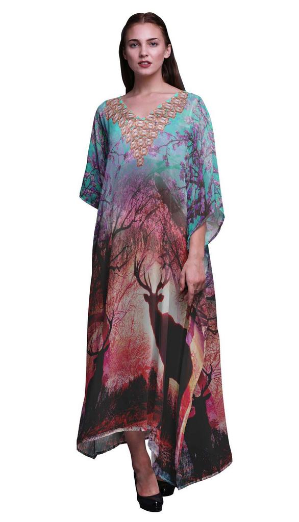 Phagun Deer Animal Ladies Plus Size Kaftan Summer Wear Beach Coverup Kimono