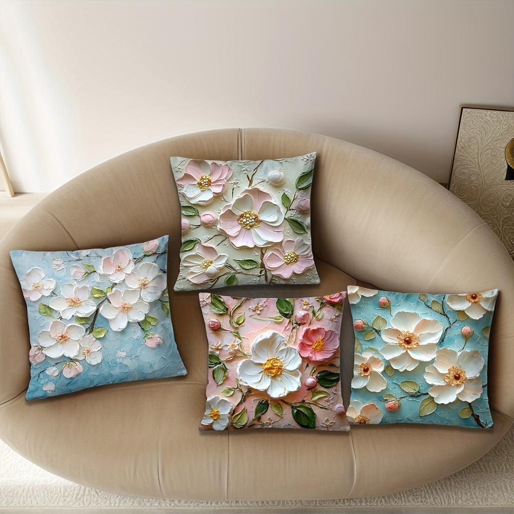 3D Floral Pillow Cover Set 2D Flat Print Artistic Home Decor Sofa Cushion Cases Stylish Functional Textured Lively Spring-Themed