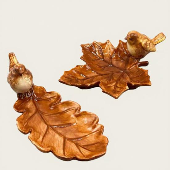 Braunes Blatt Keramikteller mit Vogeldesign Handgefertigte Dekorative Schale für Schmuck und Kleinkram Thanksgiving Partyzubehör